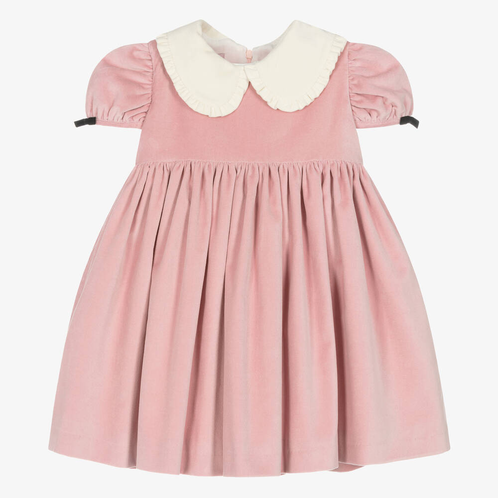 Phi Clothing - Girls Pink Velvet Collared Dress | Childrensalon