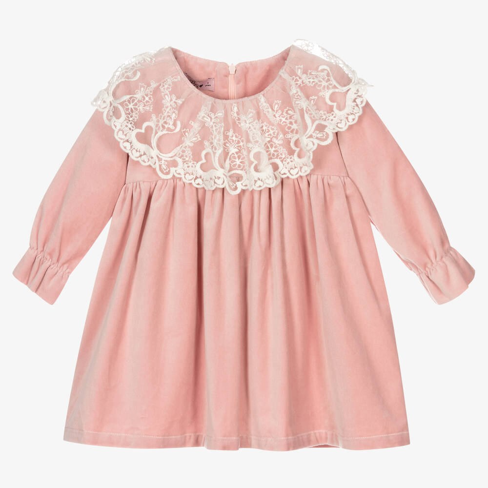 Phi Clothing - Розовое бархатное платье с кружевом | Childrensalon