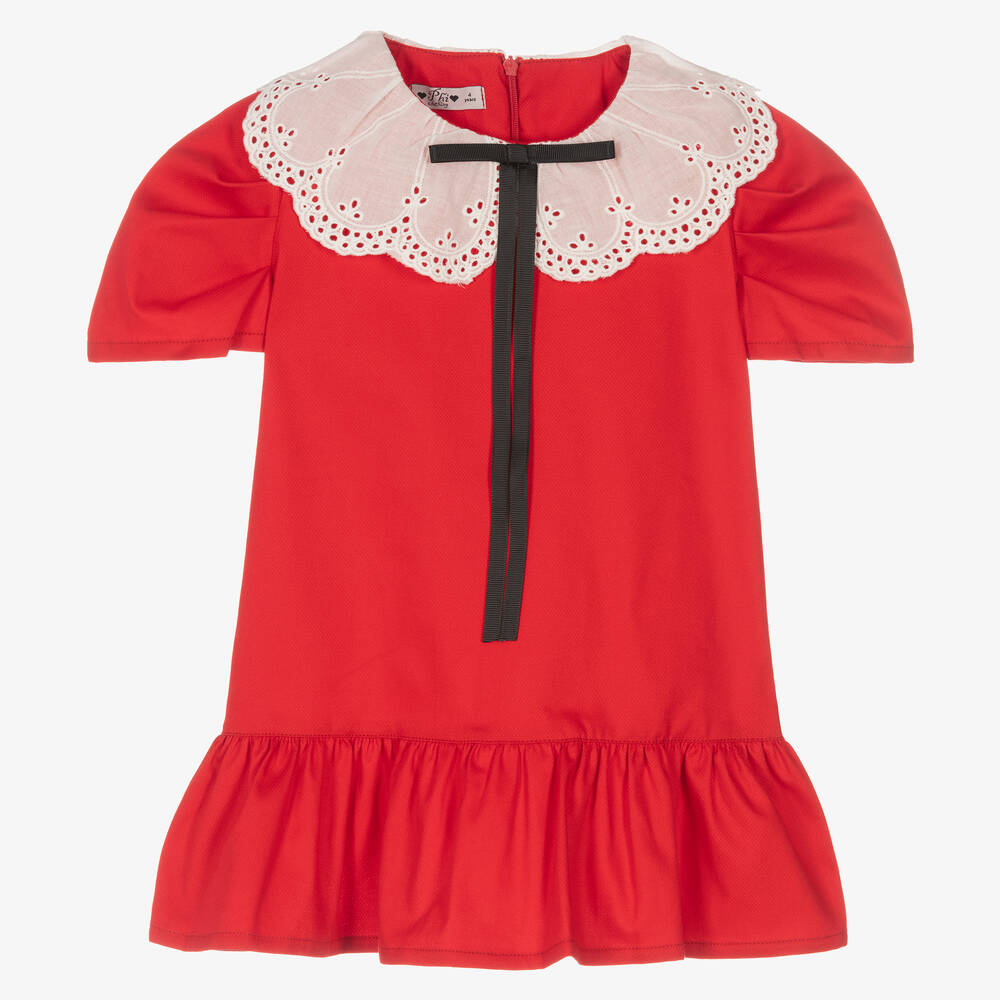 Phi Clothing - Robe rouge en coton à col fille | Childrensalon