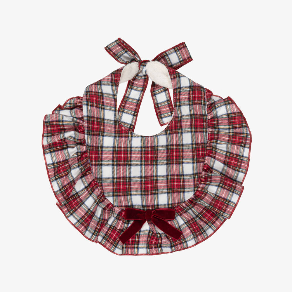 Phi Clothing-Girls Red Cotton Tartan Frill Bib with Velvet Bow | Childrensalon Outlet