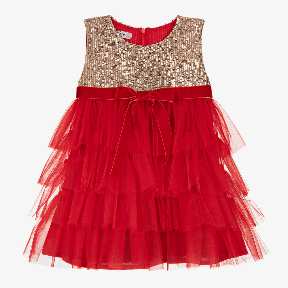 Phi Clothing - Girls Red & Gold Sequin Tulle Dress | Childrensalon