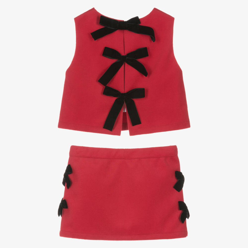 Phi Clothing-طقم تنورة مخملية حمراء للبنات مع فيونكة | Childrensalon Outlet