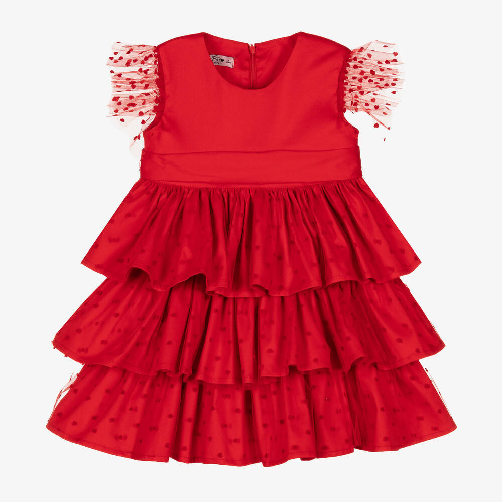 Phi Clothing - Girls Red Tulle & Flocked Hearts Dress | Childrensalon
