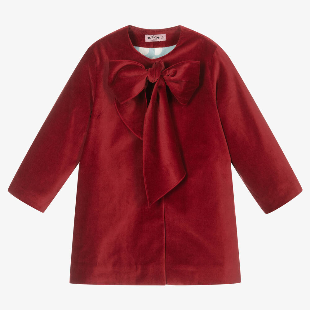 Phi Clothing - Girls Red Velvet Bow Coat | Childrensalon