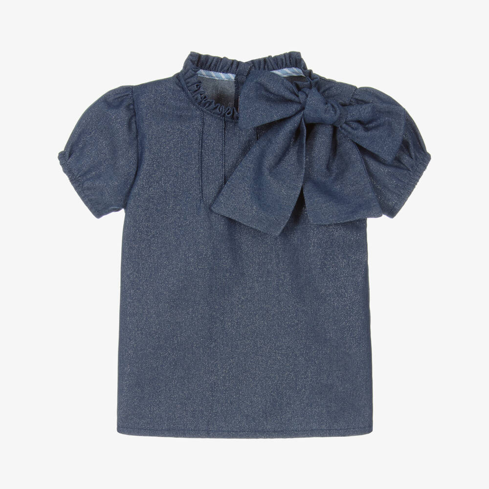 Phi Clothing-Girls Shimmering Blue Denim Top with Bow | Childrensalon Outlet