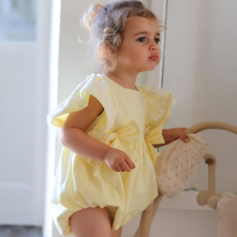 Phi Clothing-Girls Sunny Cotton Lace & Bow Romper | Childrensalon Outlet
