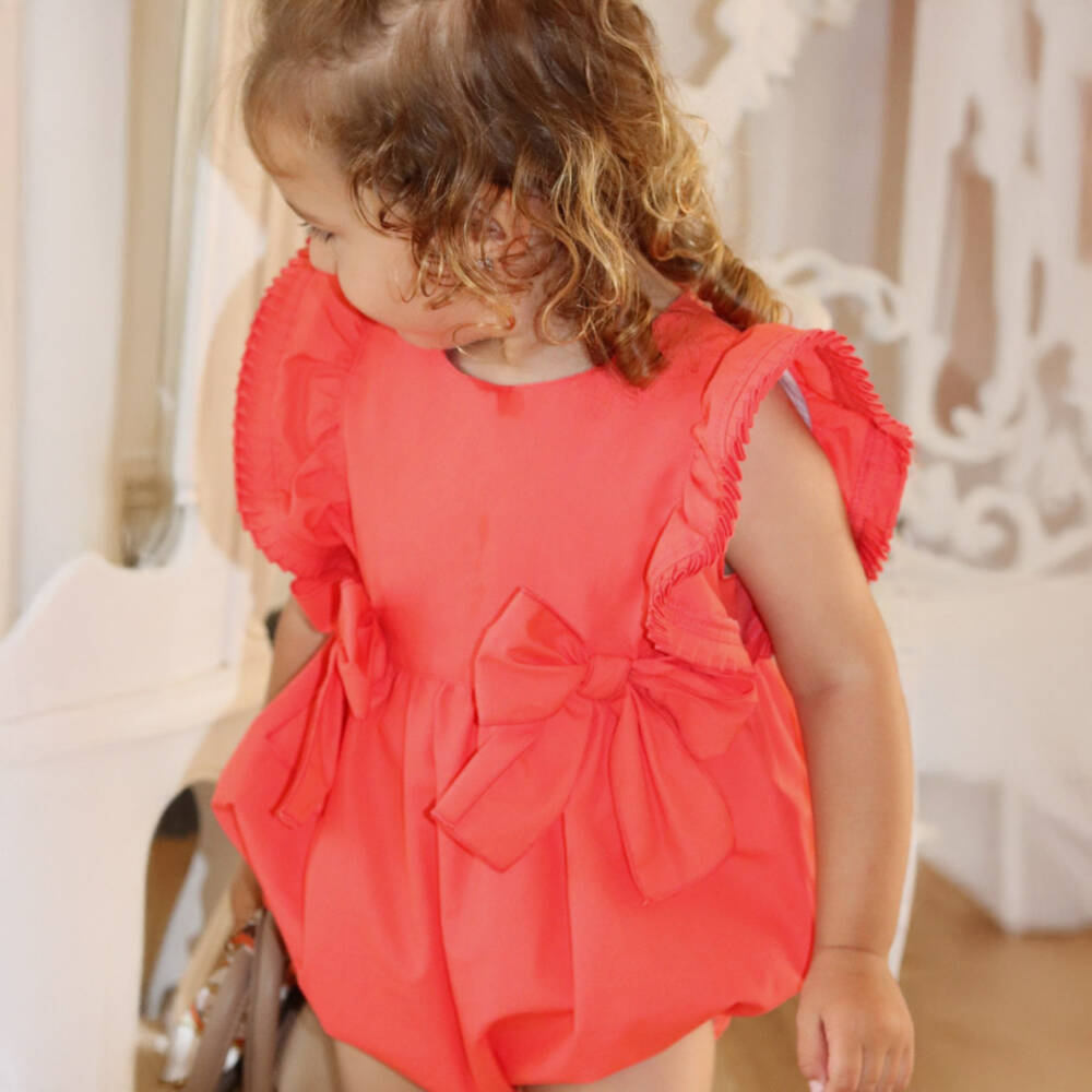 Phi Clothing-جمبسوت قطن برتقالي للبنات مع فيونكة | Childrensalon Outlet