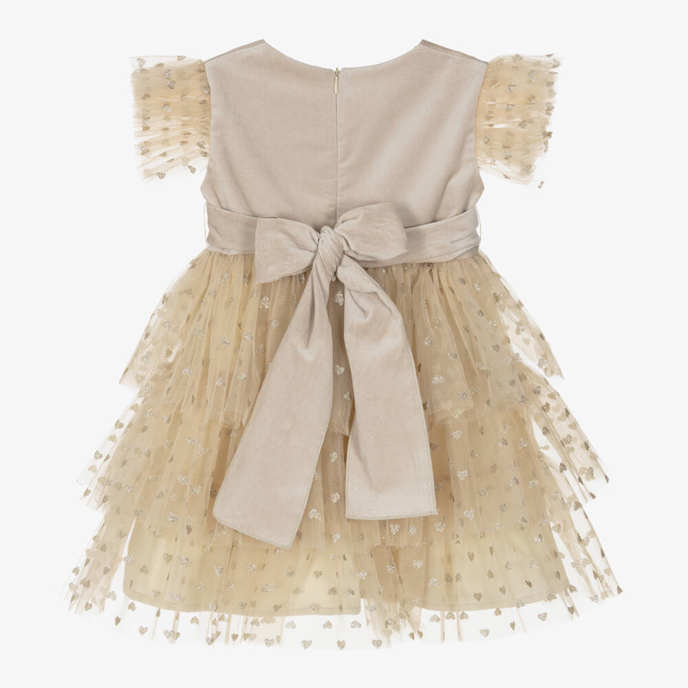 Phi Clothing-Girls Velvet and Tulle Dress in Beige | Childrensalon Outlet