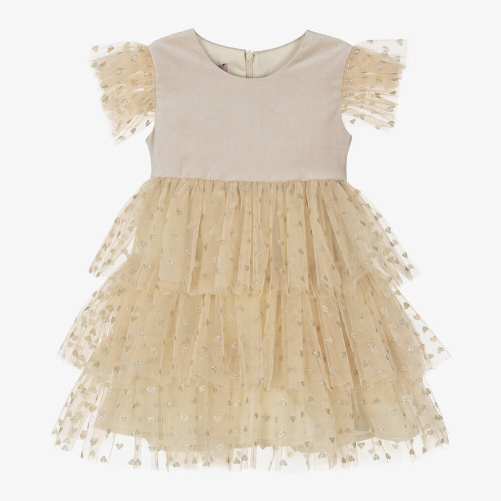 Phi Clothing-Girls Velvet and Tulle Dress in Beige | Childrensalon Outlet