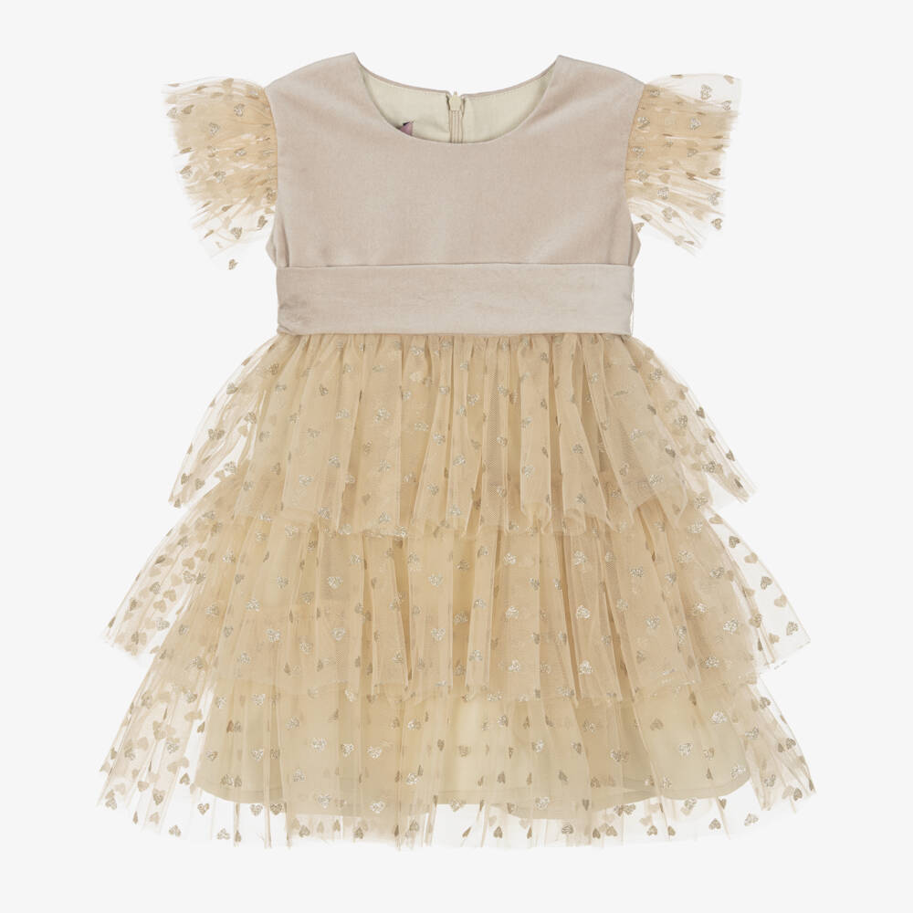 Phi Clothing-Girls Velvet and Tulle Dress in Beige | Childrensalon Outlet