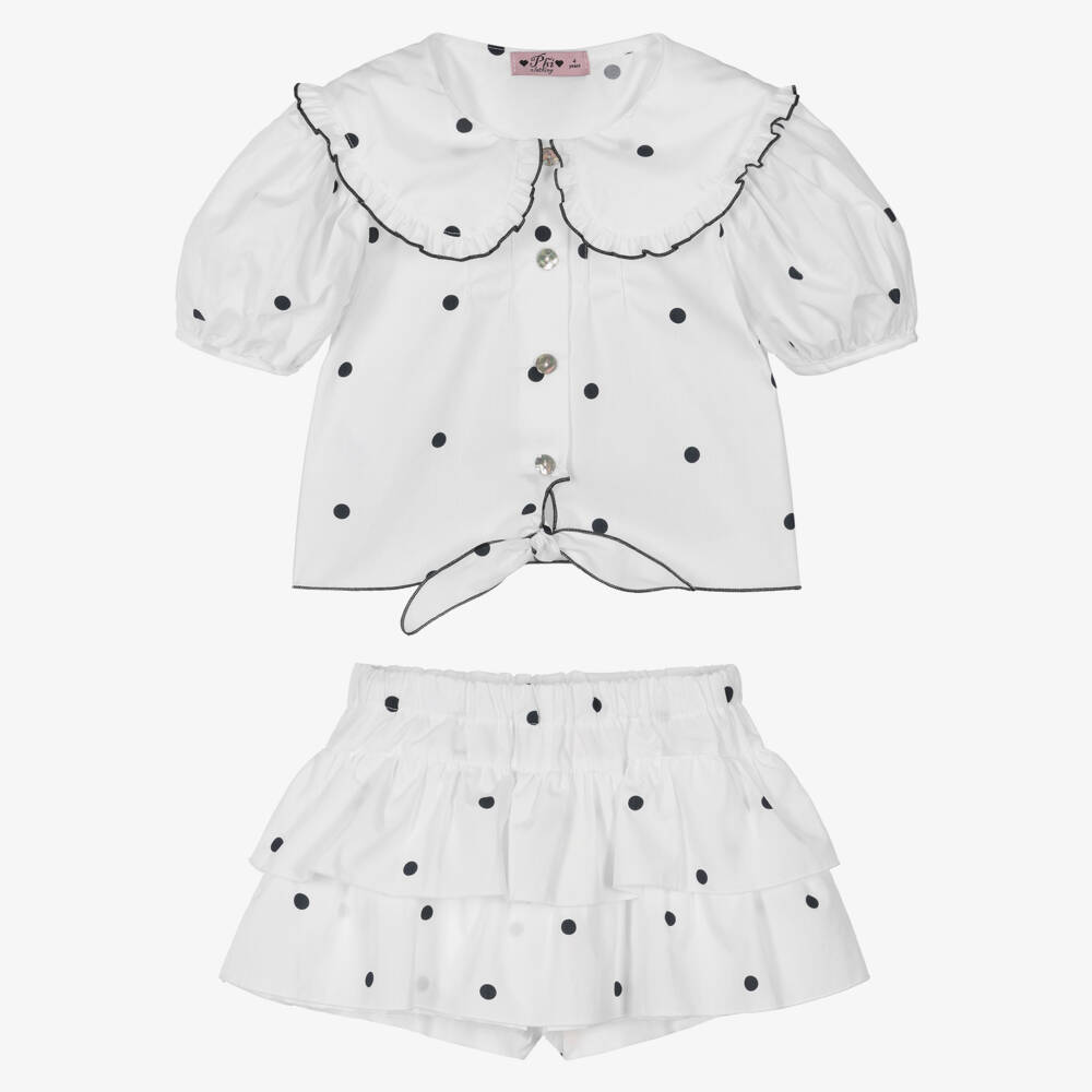 Phi Clothing-Girls White & Black Polka Dot Blouse & Skort Set | Childrensalon Outlet