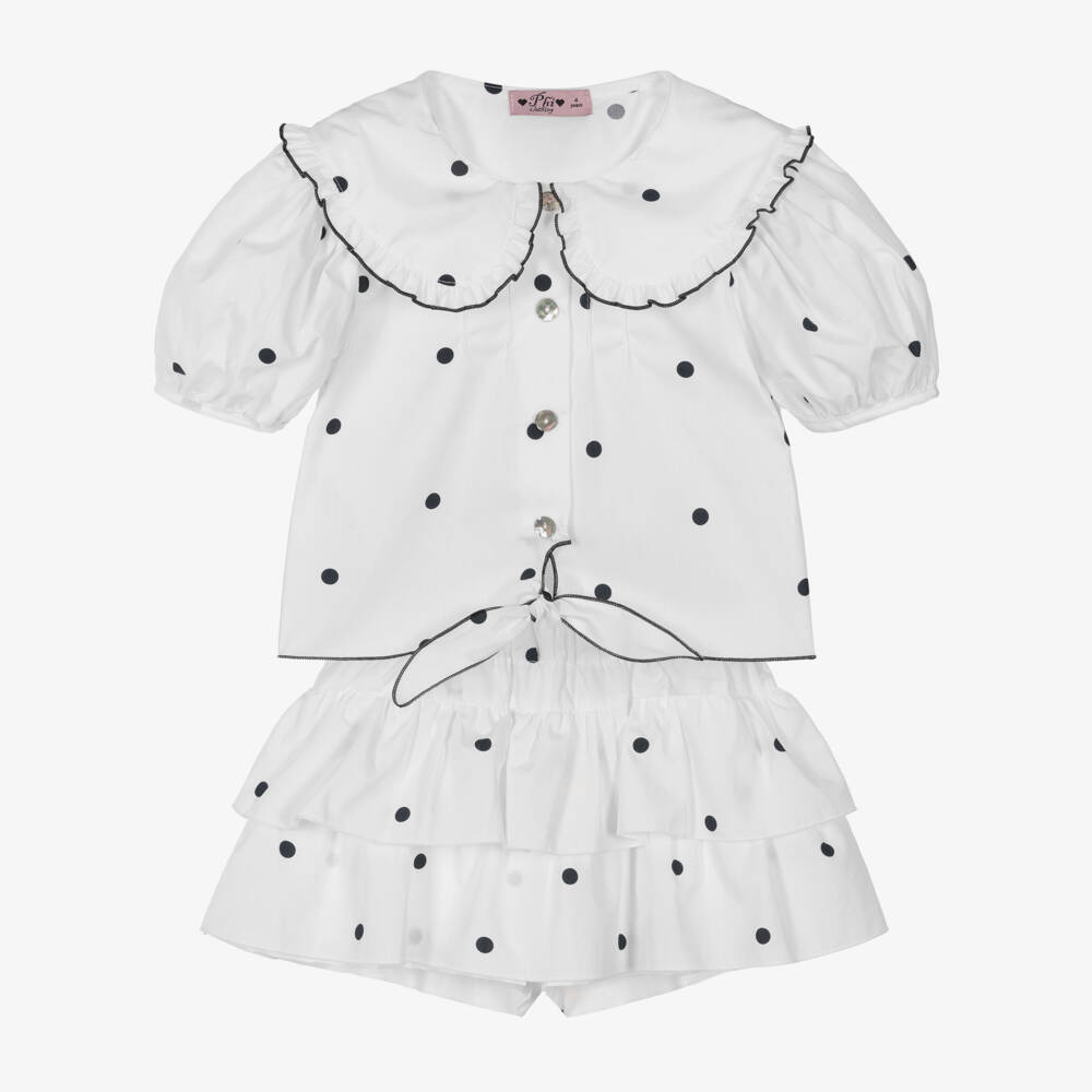 Phi Clothing-Girls White & Black Polka Dot Blouse & Skort Set | Childrensalon Outlet