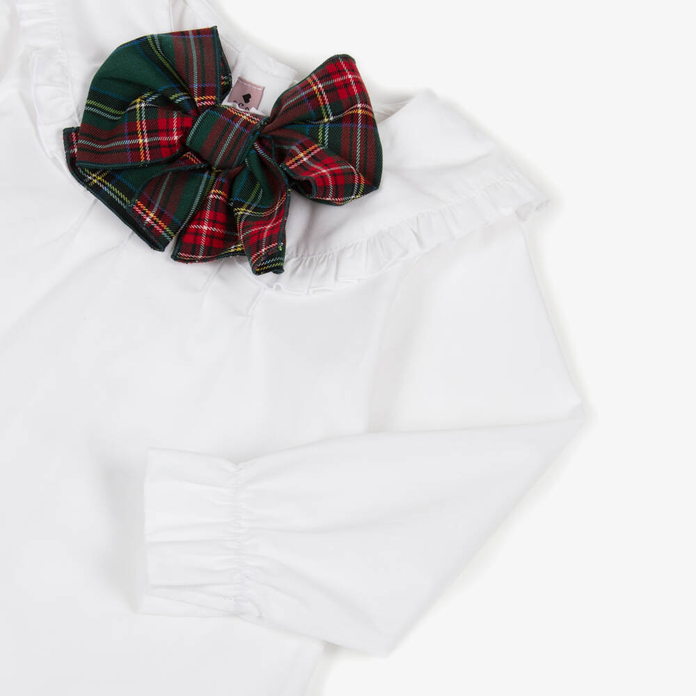 Phi Clothing-Girls White Cotton Blouse with Green Tartan Bow | Childrensalon Outlet