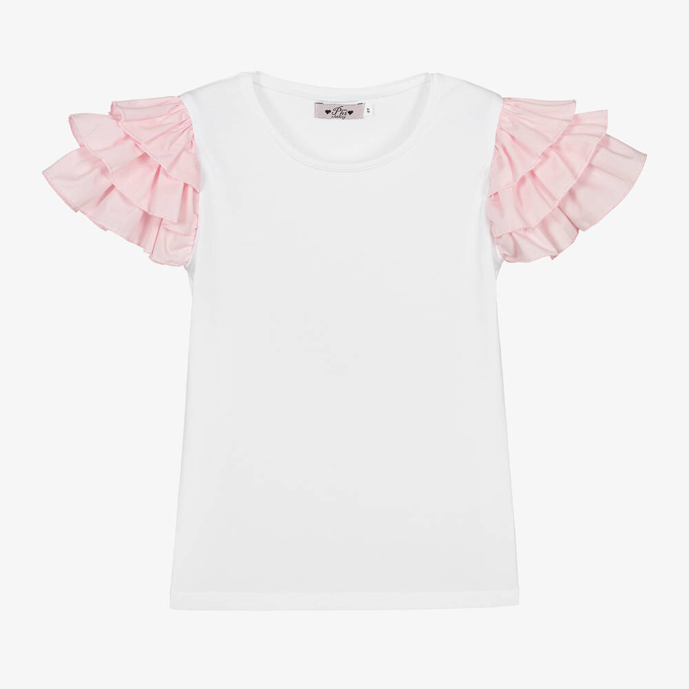 Phi Clothing-Girls White Cotton Frill Sleeve T-Shirt | Childrensalon Outlet