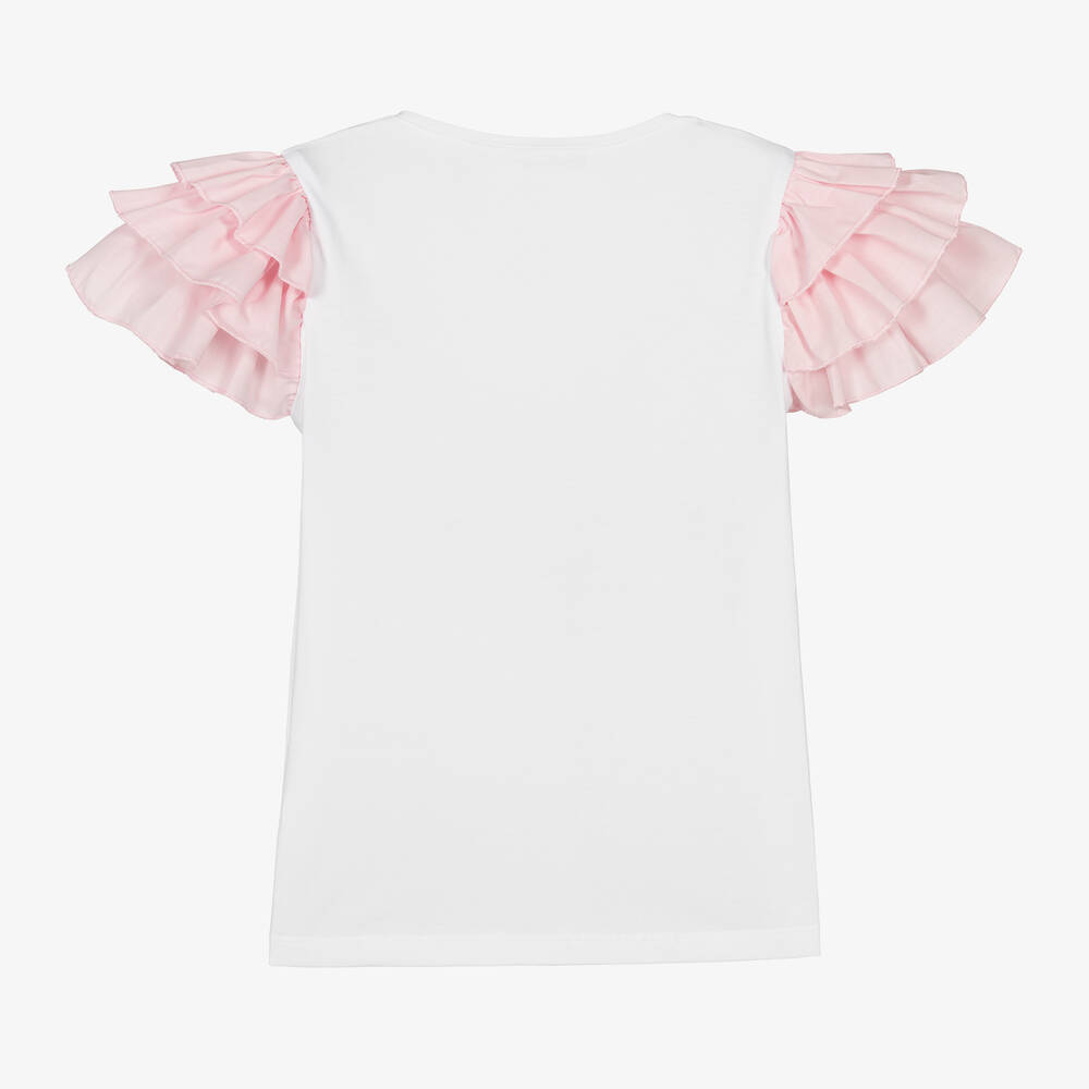 Phi Clothing-Girls White Cotton Frill Sleeve T-Shirt | Childrensalon Outlet