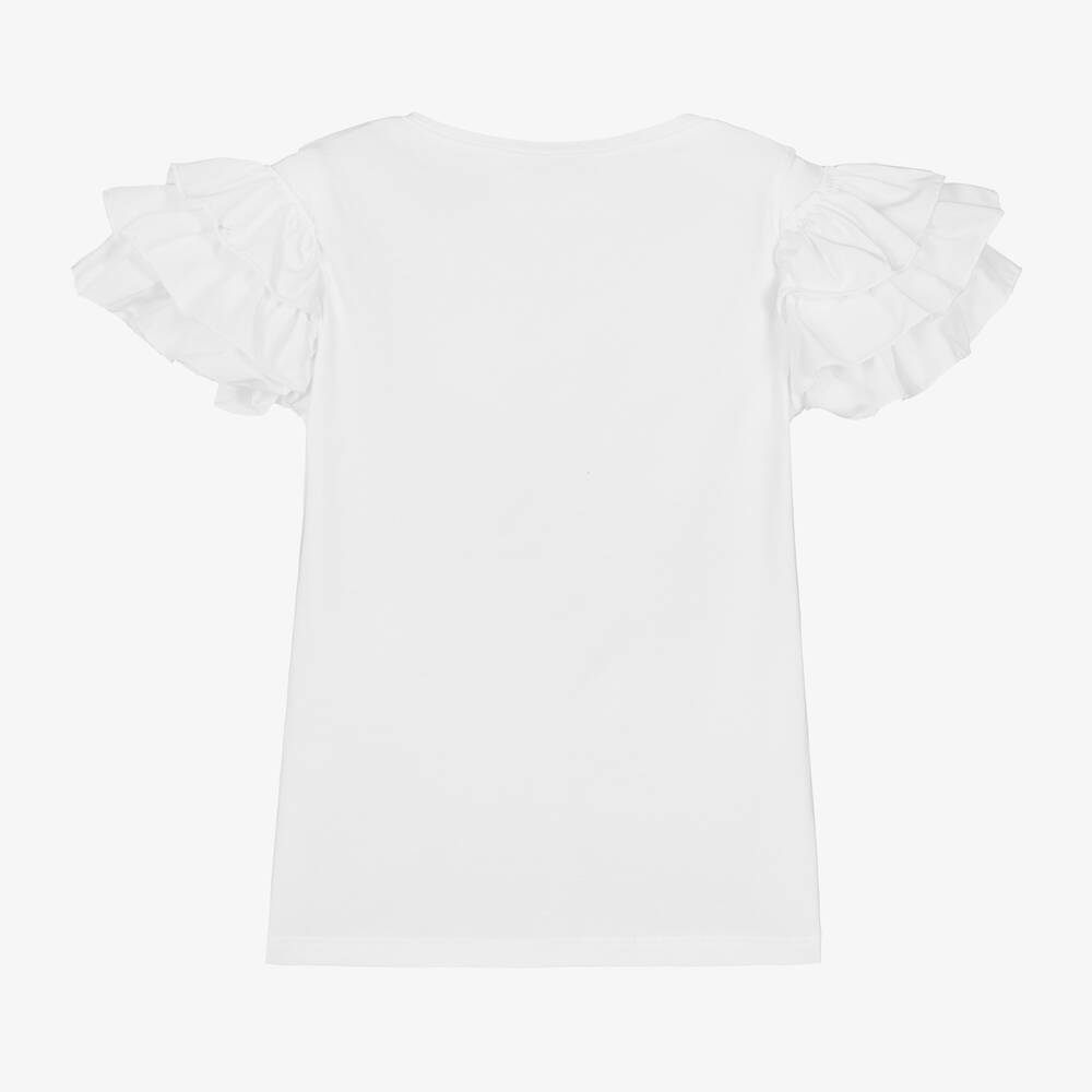 Phi Clothing-Girls White Cotton Frill Sleeve T-Shirt | Childrensalon Outlet