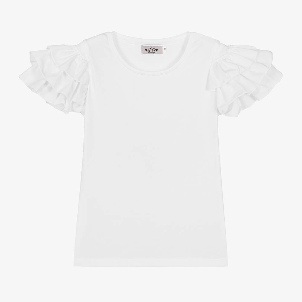 Phi Clothing-Girls White Cotton Frill Sleeve T-Shirt | Childrensalon Outlet