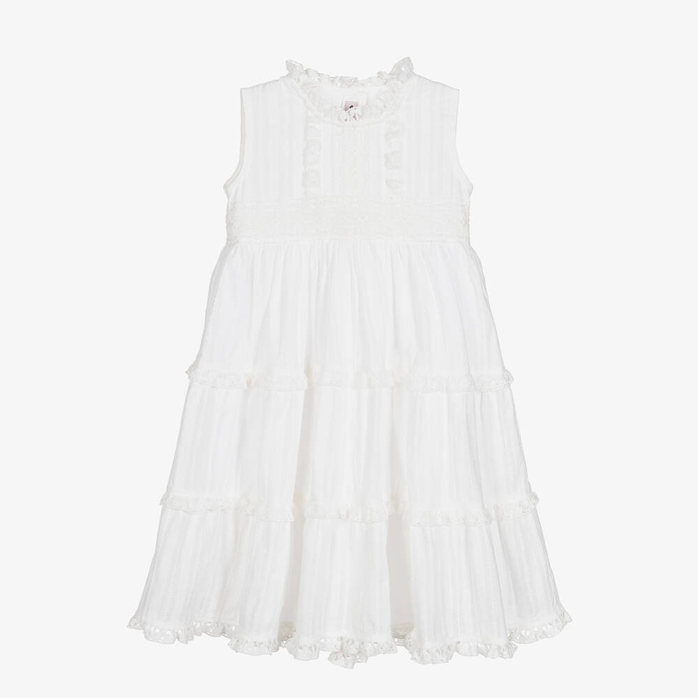 Phi Clothing - Girls White Cotton Lace Dress | Childrensalon