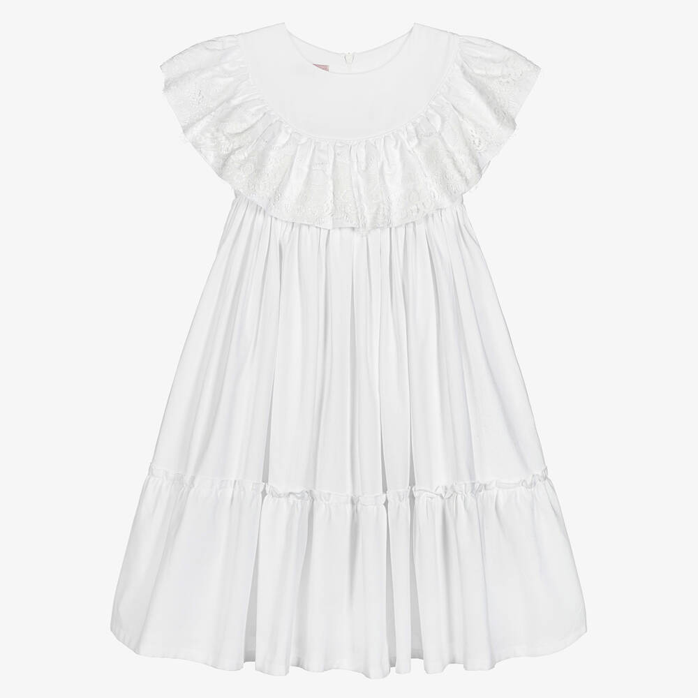 Phi Clothing - فستان قطن أكسفورد مزين بكشكش ودانتيل لون أبيض | Childrensalon