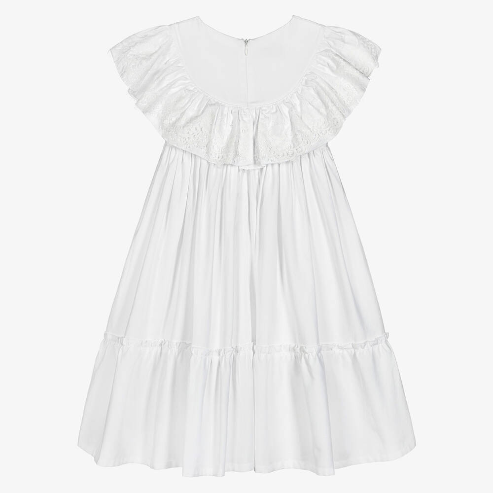 Phi Clothing-فستان قطن أكسفورد مزين بكشكش ودانتيل لون أبيض | Childrensalon Outlet