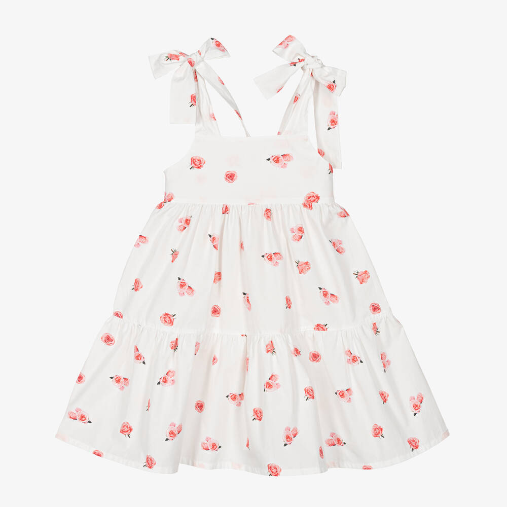 Phi Clothing-فستان قطن بوبلين لون أبيض بطبعة ورود | Childrensalon Outlet