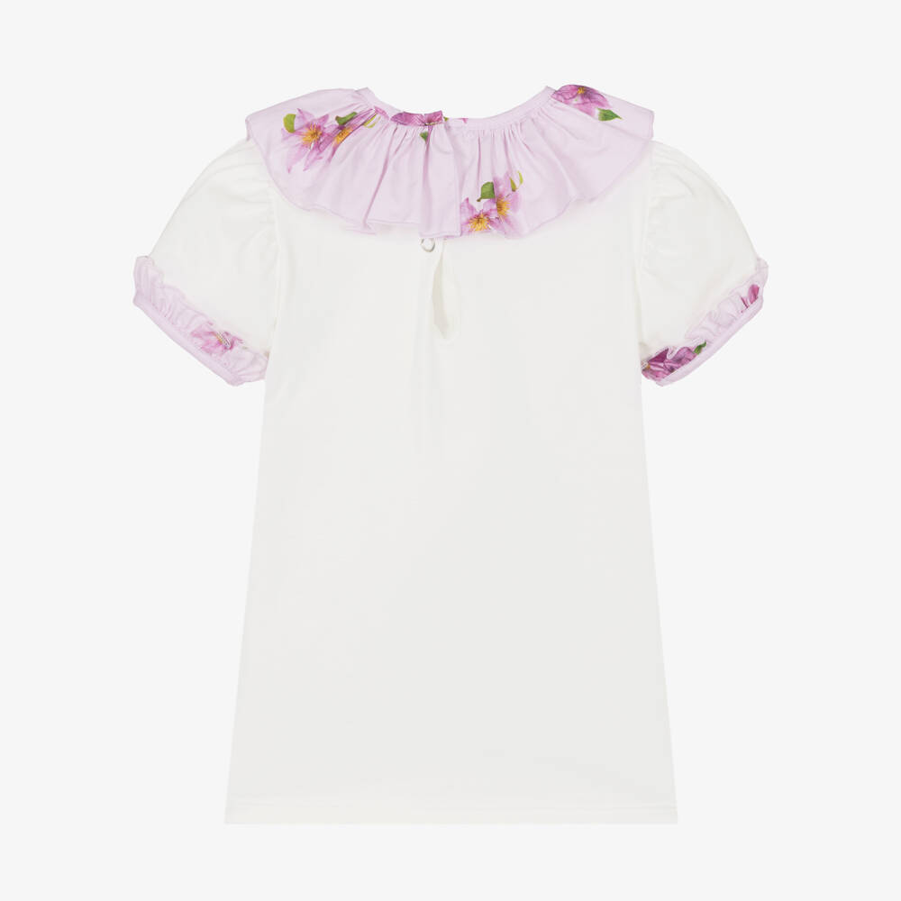 Phi Clothing-Girls White Cotton T-Shirt with Lilac Pink Floral Trims | Childrensalon Outlet