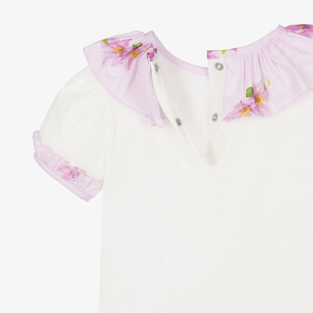 Phi Clothing-Girls White Cotton T-Shirt with Lilac Pink Floral Trims | Childrensalon Outlet