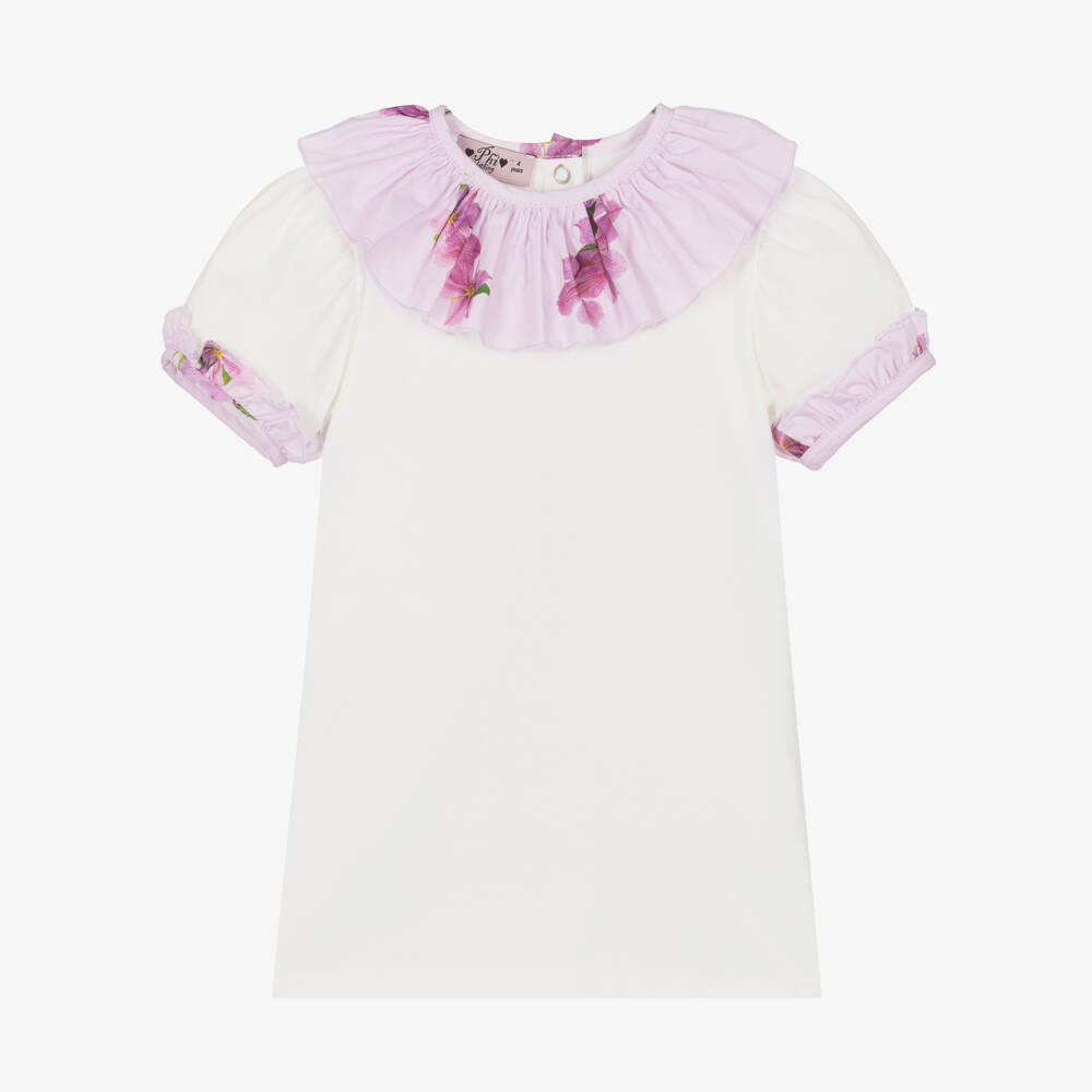 Phi Clothing-Girls White Cotton T-Shirt with Lilac Pink Floral Trims | Childrensalon Outlet