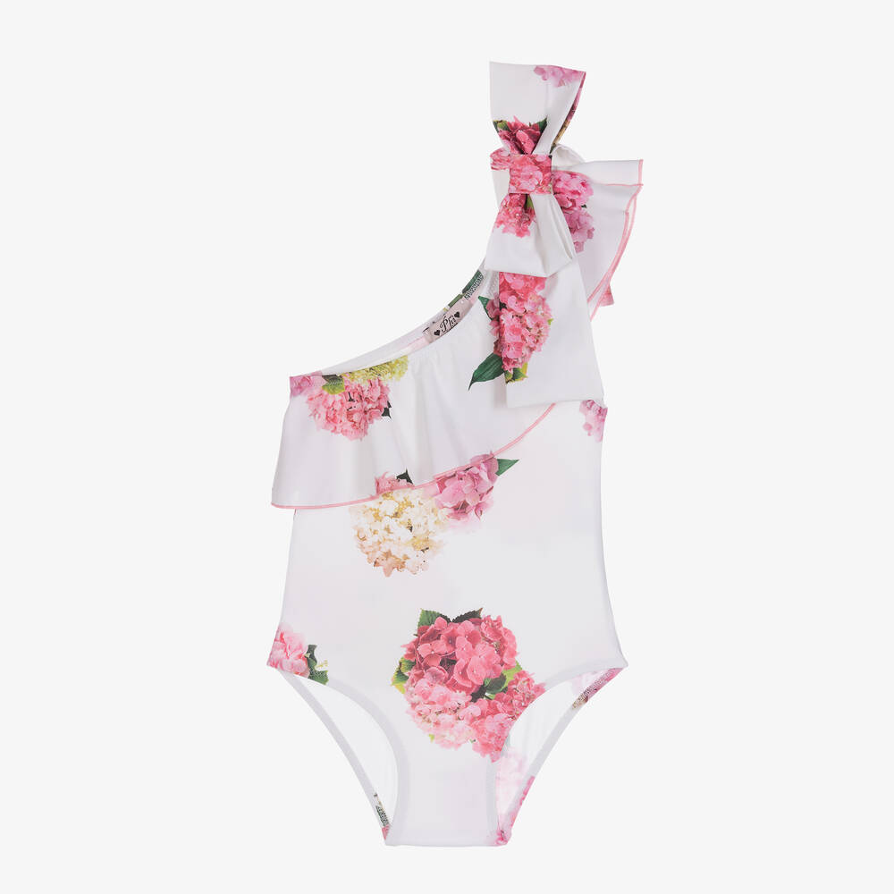 Phi Clothing - Girls White Floral Asymmetric Swimsuit | Childrensalon