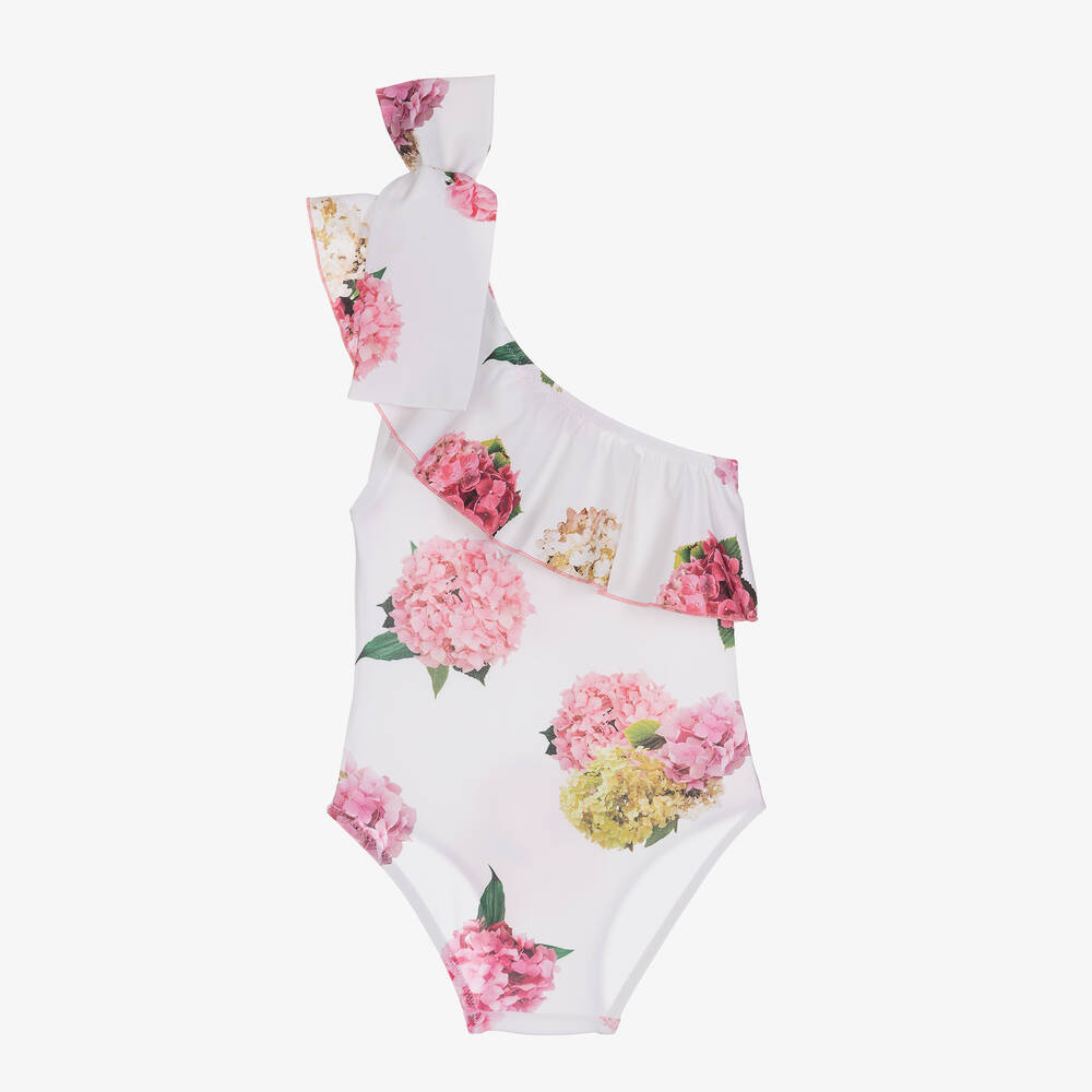 Phi Clothing-Girls White Floral Asymmetric Swimsuit | Childrensalon Outlet