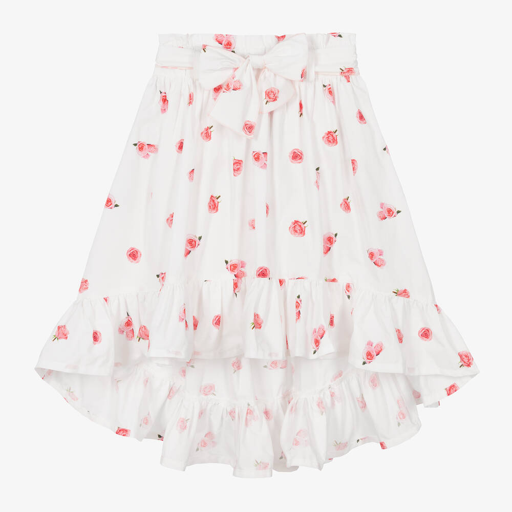 Phi Clothing-Girls White Floral Cotton Asymmetric Skirt  | Childrensalon Outlet