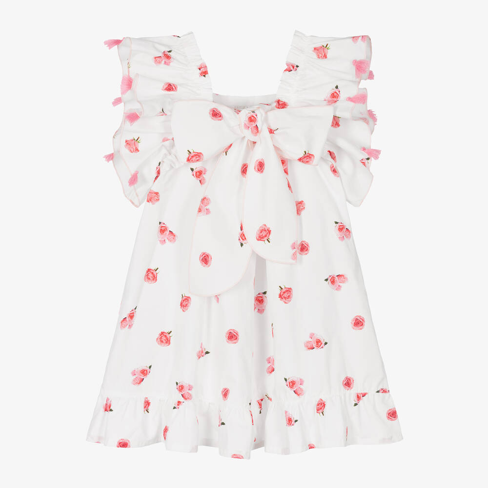 في كلودينغ-فستان قطن لون أبيض بطبعة ورود | Childrensalon Outlet