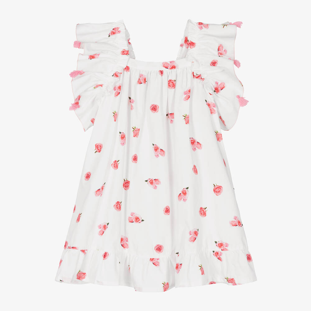 Phi Clothing-فستان قطن لون أبيض بطبعة ورود | Childrensalon Outlet