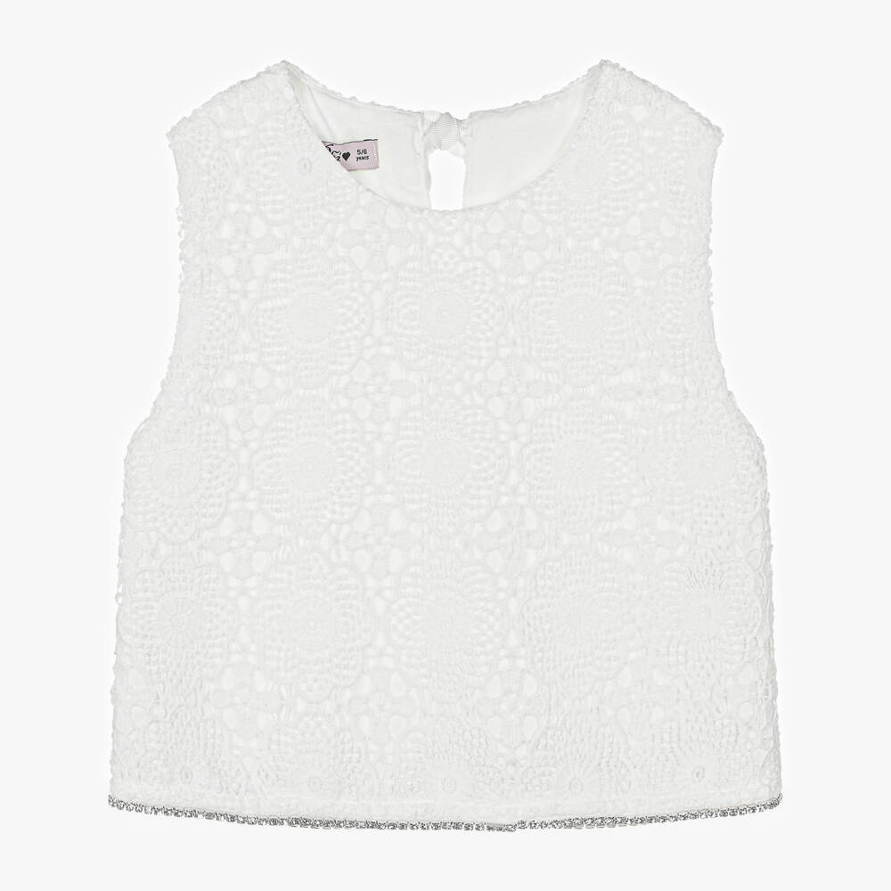 Phi Clothing-Girls White Lace Blouse with Diamanté Trim | Childrensalon Outlet