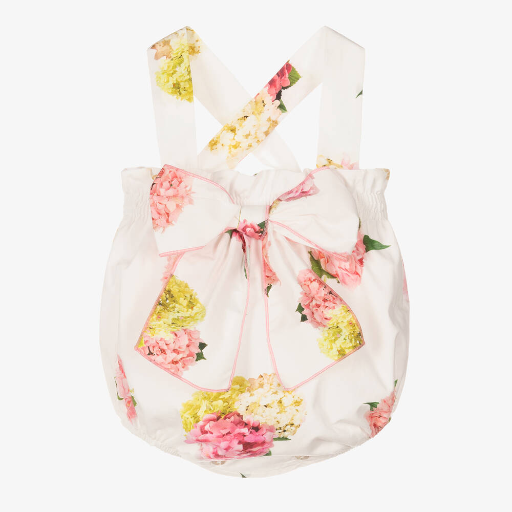 Phi Clothing - Girls White & Pink Cotton Floral Shortie | Childrensalon