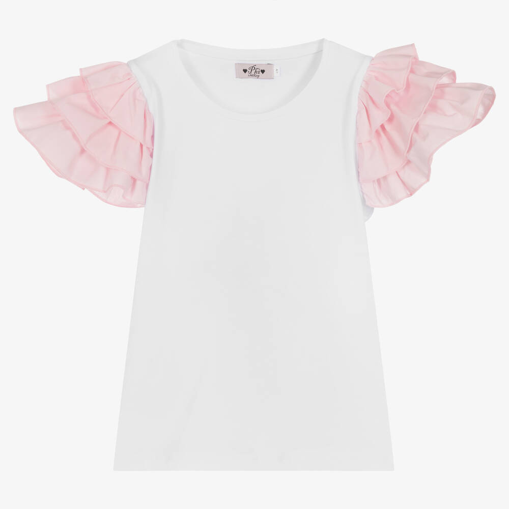Phi Clothing - Girls White & Pink Cotton T-Shirt | Childrensalon