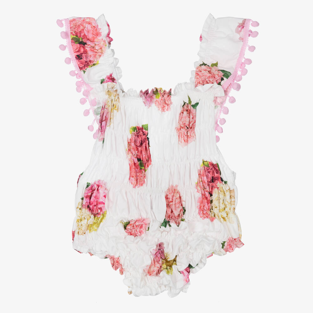Phi Clothing - Barboteuse blanche et rose à fleurs | Childrensalon