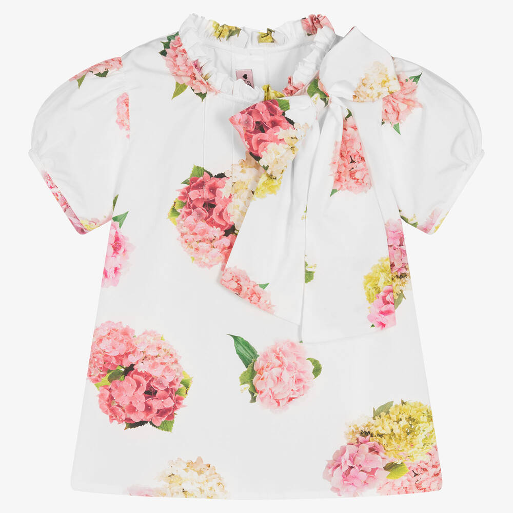 Phi Clothing - Girls White & Pink Peony Blouse | Childrensalon