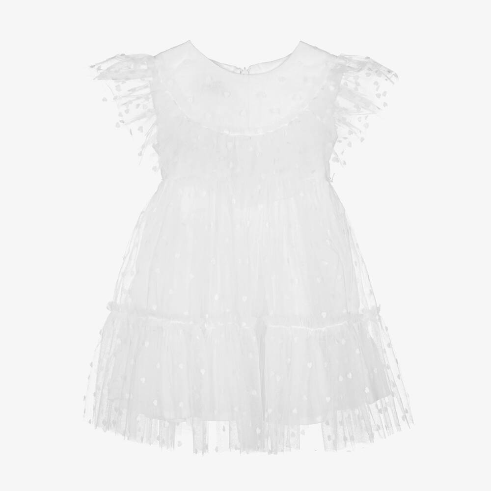 في كلودينغ-فستان تول مزين بكشكش لون أبيض | Childrensalon Outlet
