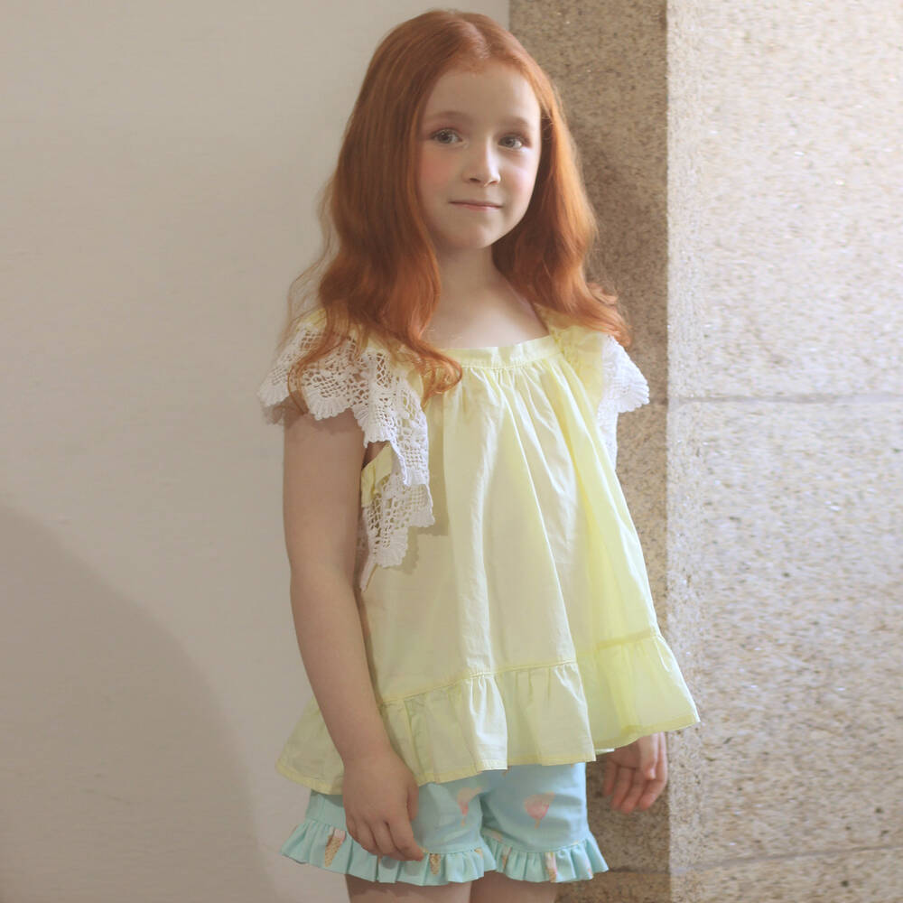 Phi Clothing-بلوز قطن و دانتيل لون أصفر و أبيض | Childrensalon Outlet