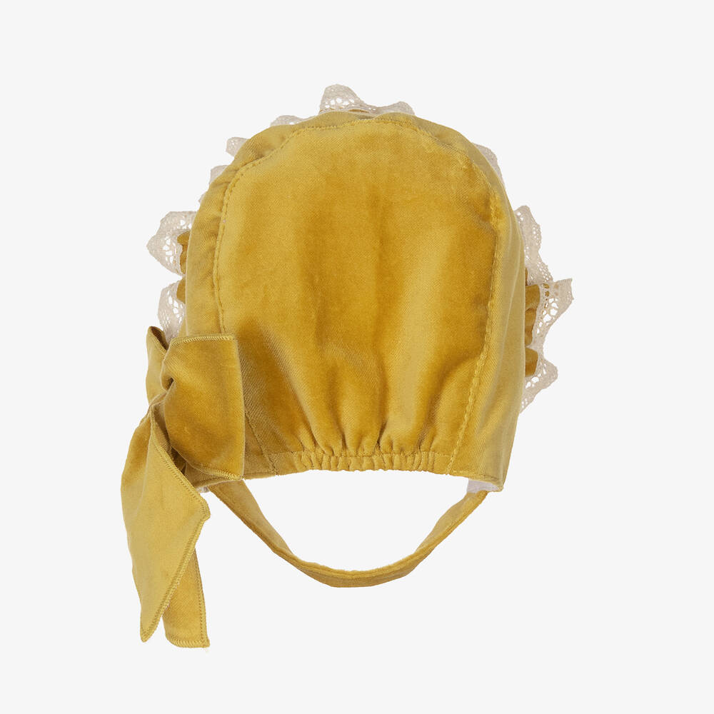 Phi Clothing-Желтый чепчик из хлопкового бархата с рюшами | Childrensalon Outlet