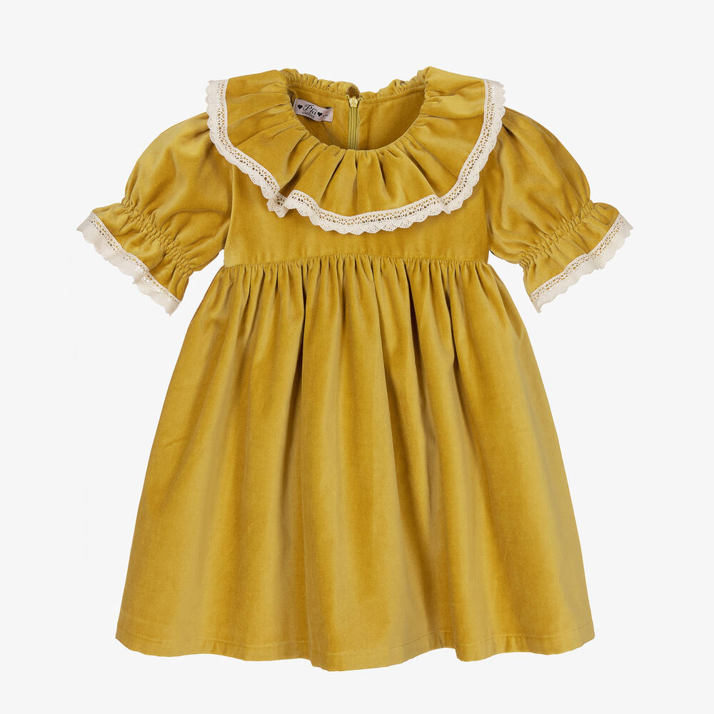 Phi Clothing - فستان قطن مخمل مزين بكشكش لون أصفر موتارد | Childrensalon