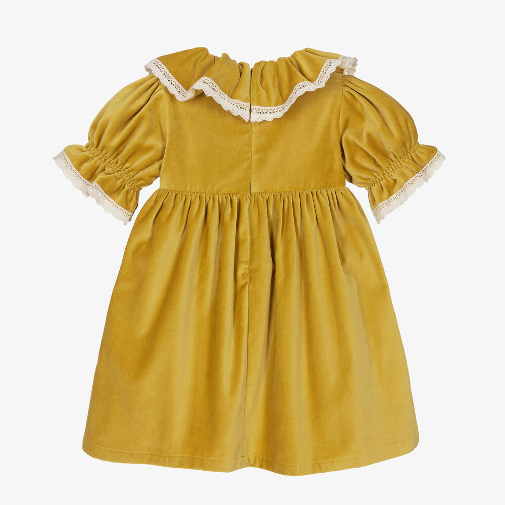 Phi Clothing-Girls Yellow Cotton Velvet Ruffle Dress | Childrensalon Outlet