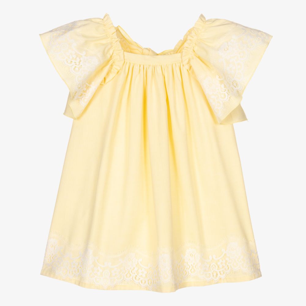 Phi Clothing - فستان قطن أكسفورد مزين بالدانتيل لون أصفر | Childrensalon