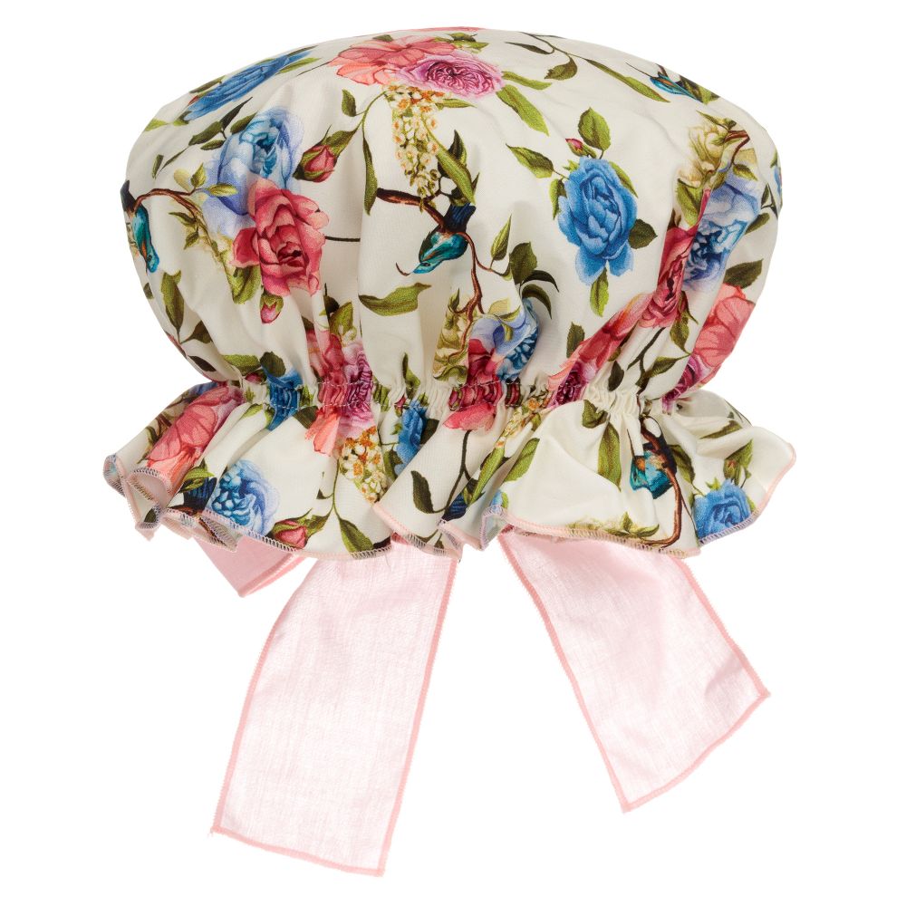 Phi Clothing - Ivory & Pink Cotton Floral Hat | Childrensalon