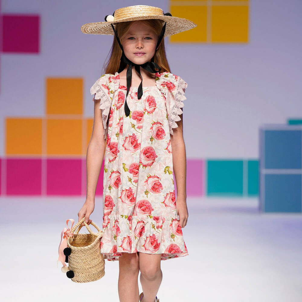 Phi Clothing-فستان قطن و دانتيل لون أبيض و زهري | Childrensalon Outlet