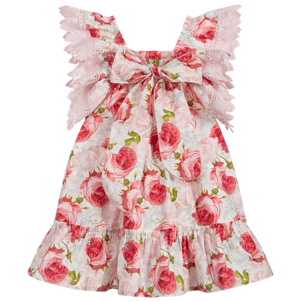 Phi Clothing-فستان قطن و دانتيل لون أبيض و زهري | Childrensalon Outlet