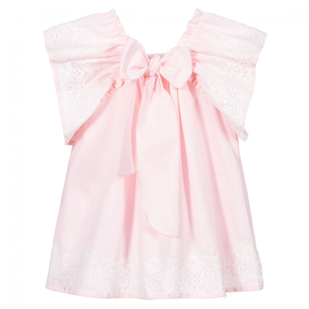 Phi Clothing-فستان بولي قطن ودانتيل لون زهري وأبيض | Childrensalon Outlet