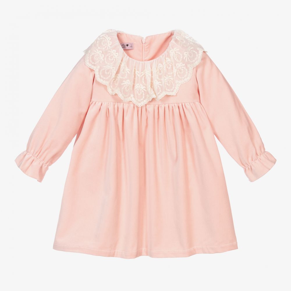 Phi Clothing - Розовое бархатное платье с кружевом  | Childrensalon