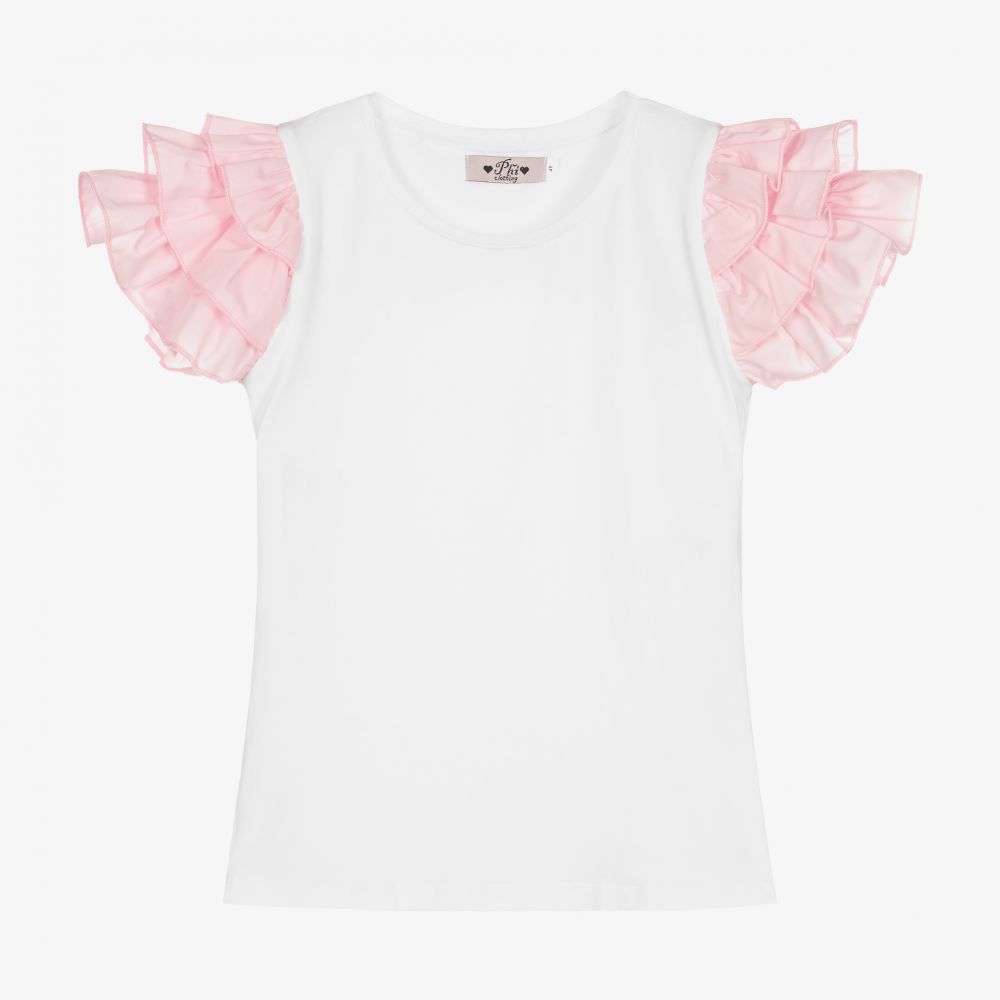 Phi Clothing - White Ruffle Cotton T-Shirt | Childrensalon